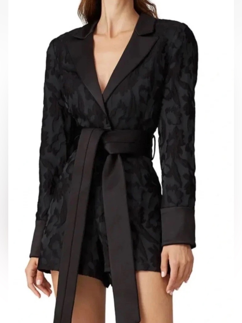 Alexis Ashlint Long Sleeve Floral Black Textured Belted Romper Jumpsuit Sz M